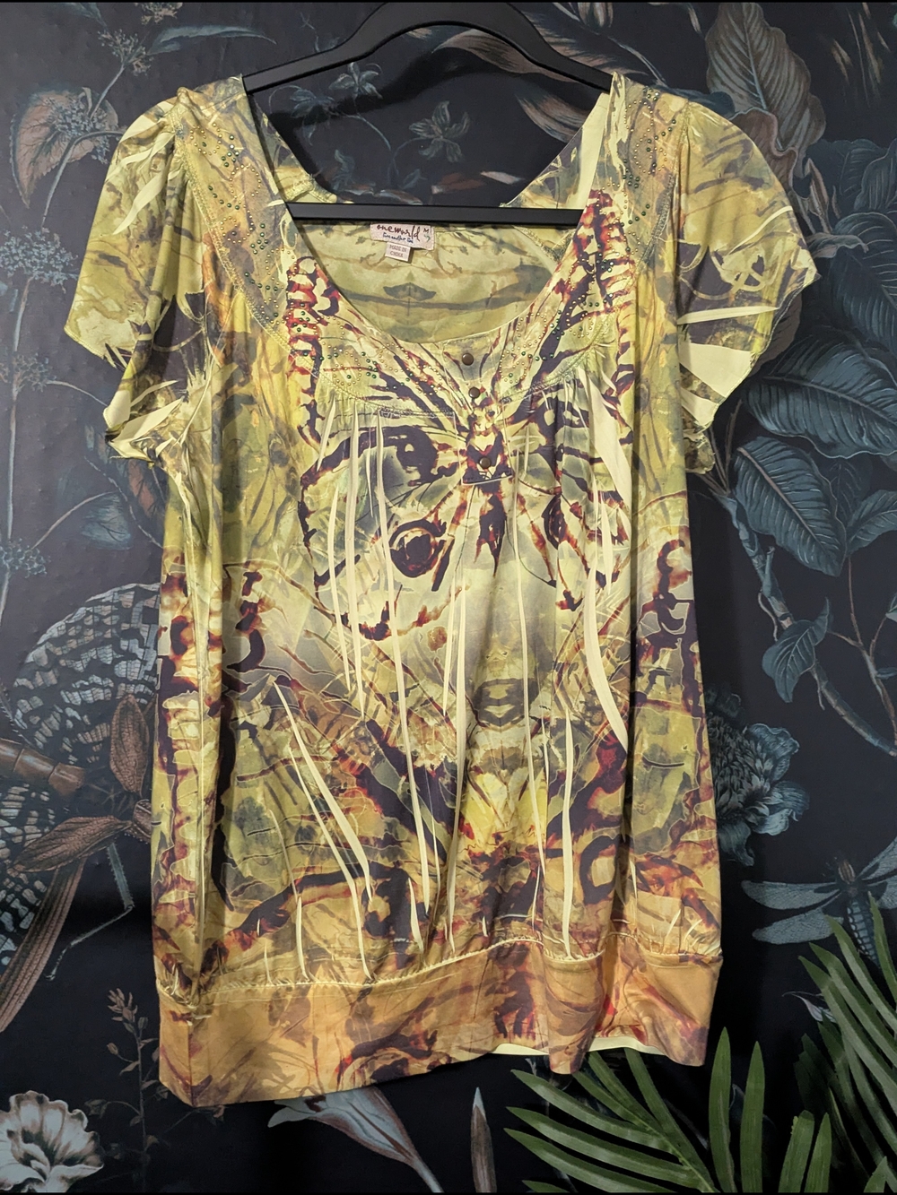 ONE WORLD Fairy Grunge Butterfly Scoop Neck Rhinestone Top